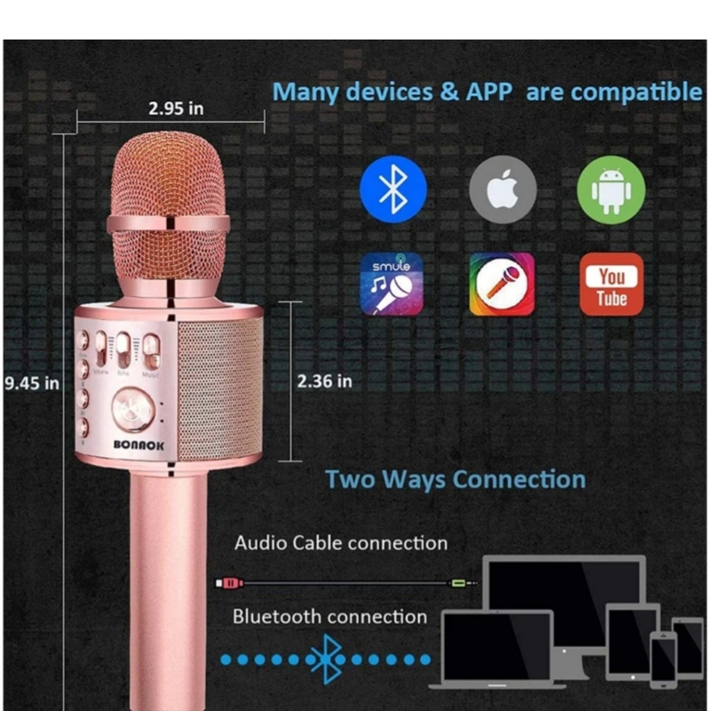 BONAOK Wireless Bluetooth Karaoke Microphone, 3-in-1 Portable Handheld Mic